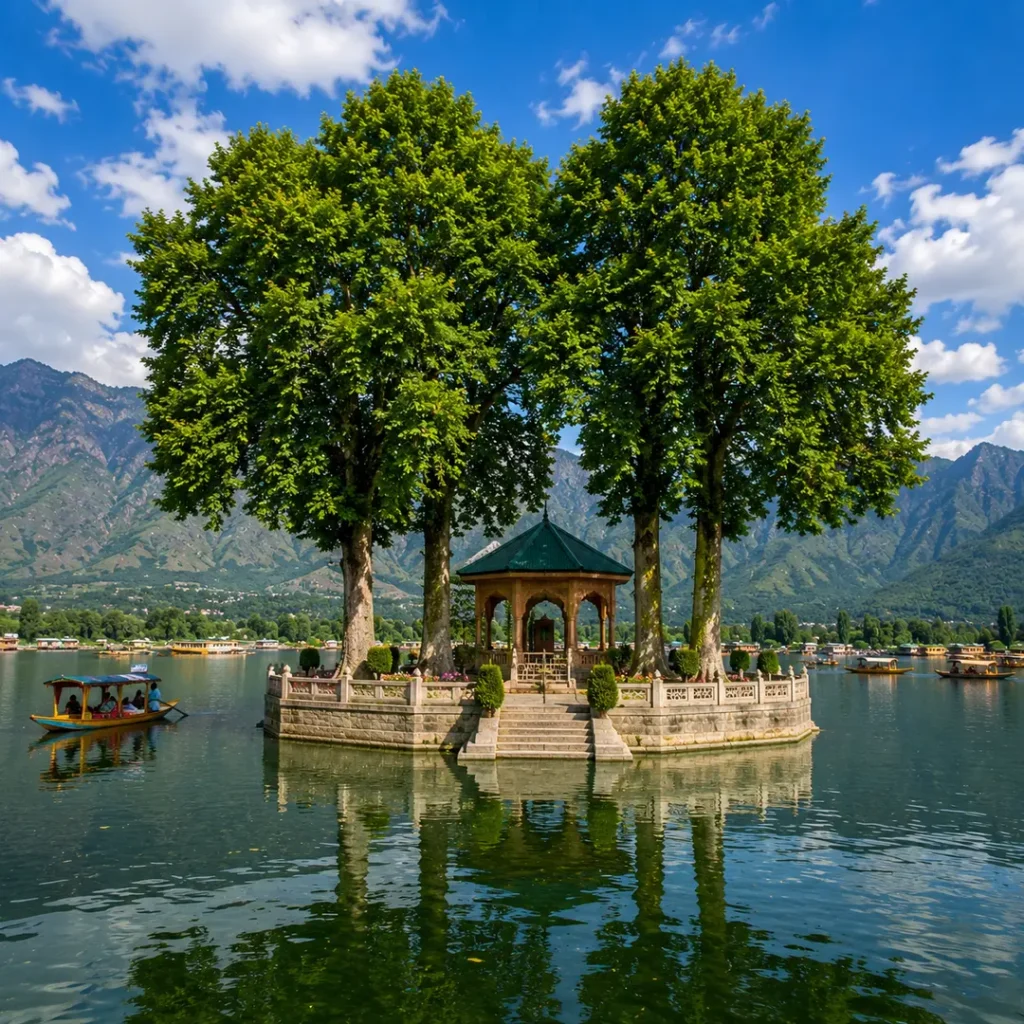 A peaceful view of Char Chinar on Dal Lake, with four Chinar trees surrounded by calm water, traditional Kashmiri boats, and mountains in the distance.