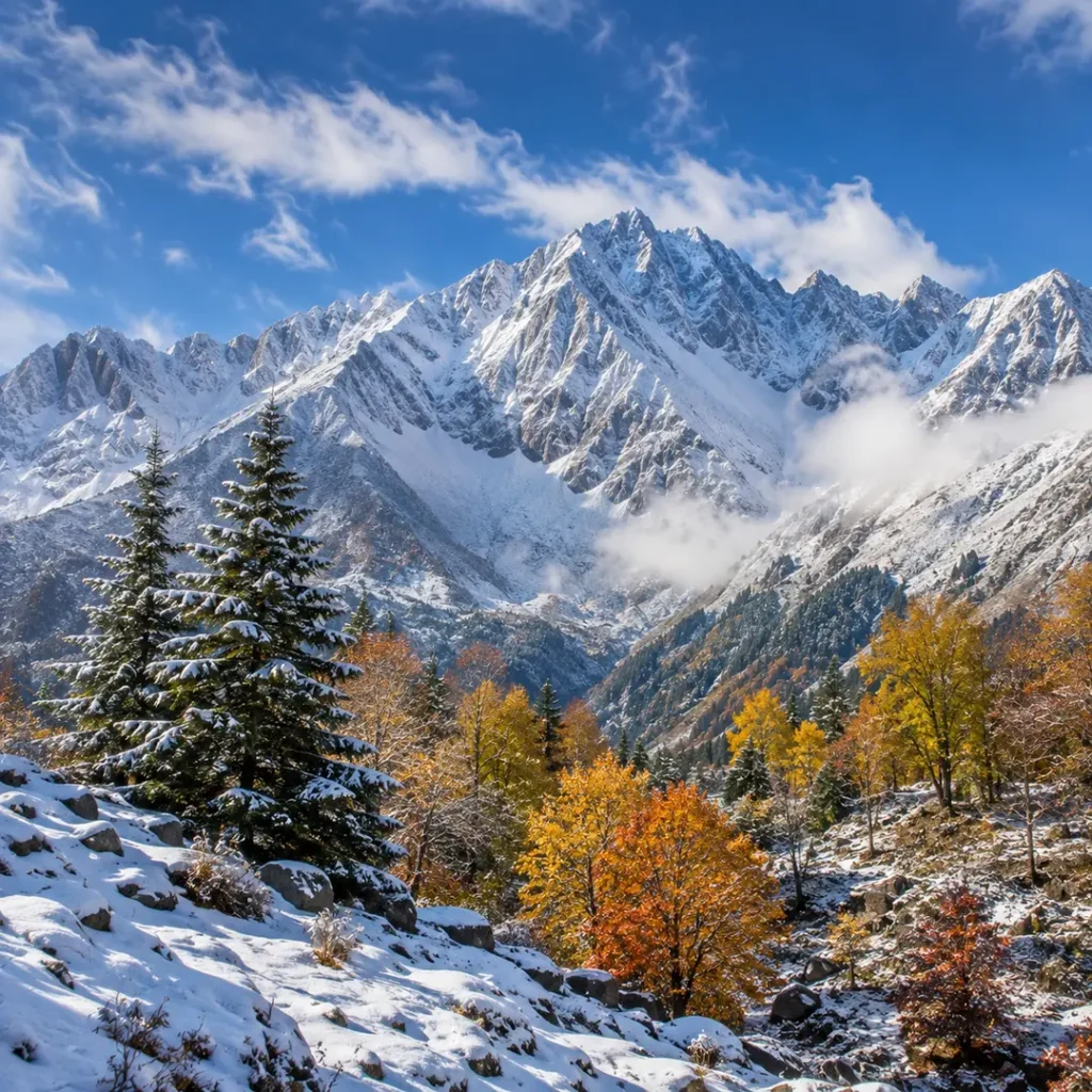 Snow-covered Himalayan peaks rising above autumn-colored trees and snow-dusted evergreen forests beneath a bright blue sky.