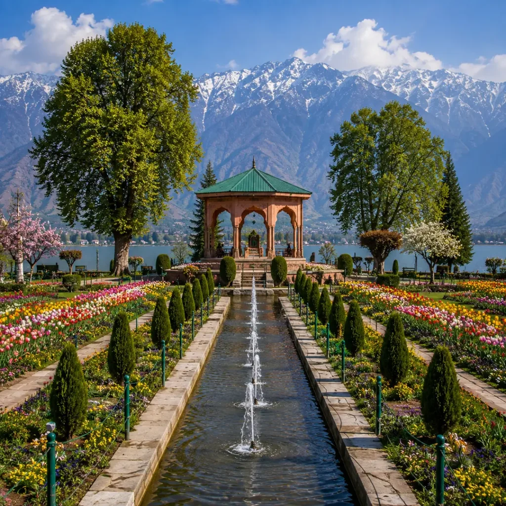 A beautiful view of Naseem Bagh in Srinagar with lush gardens, tall trees, colorful flowers, Dal Lake, and snow-capped mountains in the background.