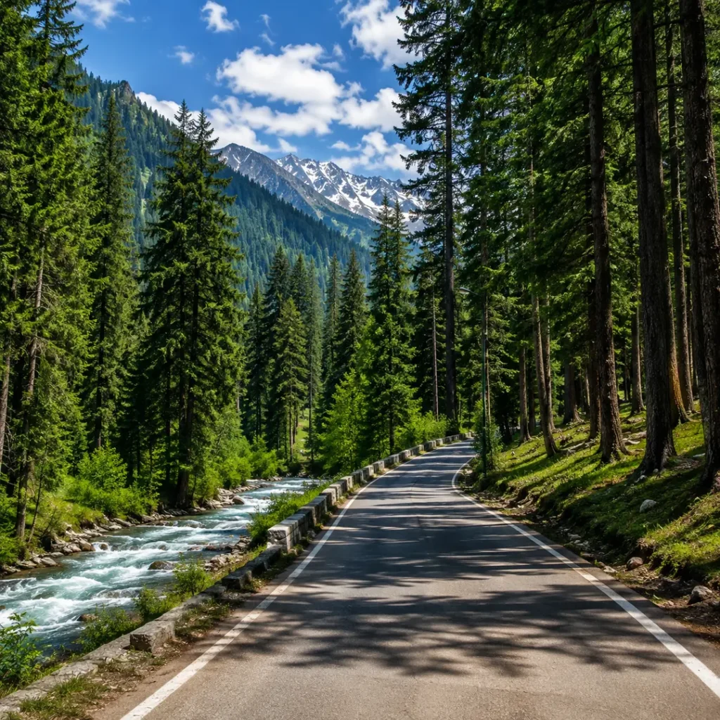 A winding mountain road passing through dense green forests in Pahalgam, alongside a clear flowing stream with tall mountains visible in the background.