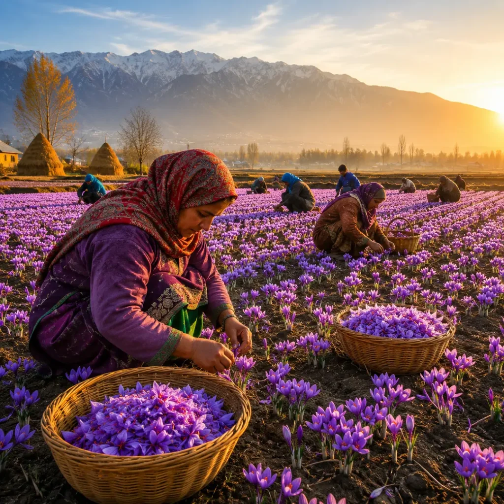 Kashmiri farmers harvesting vibrant purple saffron flowers in the fields of Pampore, with baskets of saffron flowers and snow-capped mountains in the background.