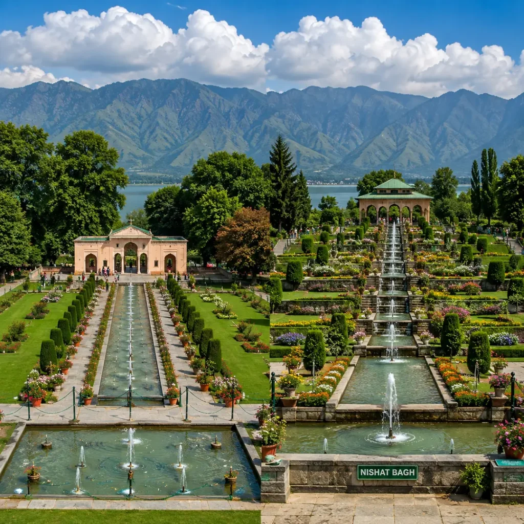 A scenic view representing the historic Mughal gardens of Shalimar Bagh and Nishat Bagh, featuring landscaped gardens, fountains, flowers, trees, and Himalayan mountains.